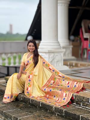 cream soft paithani style silk blend with zari weaving meenakari saree with blouse 5
