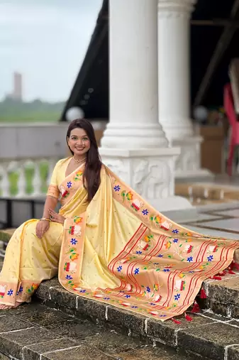 cream soft paithani style silk blend with zari weaving meenakari saree with blouse
