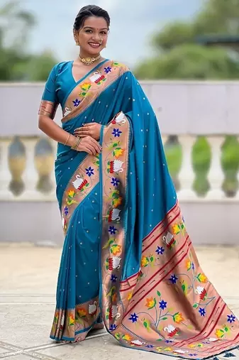 firozi soft paithani style silk blend with zari weaving meenakari saree with blouse