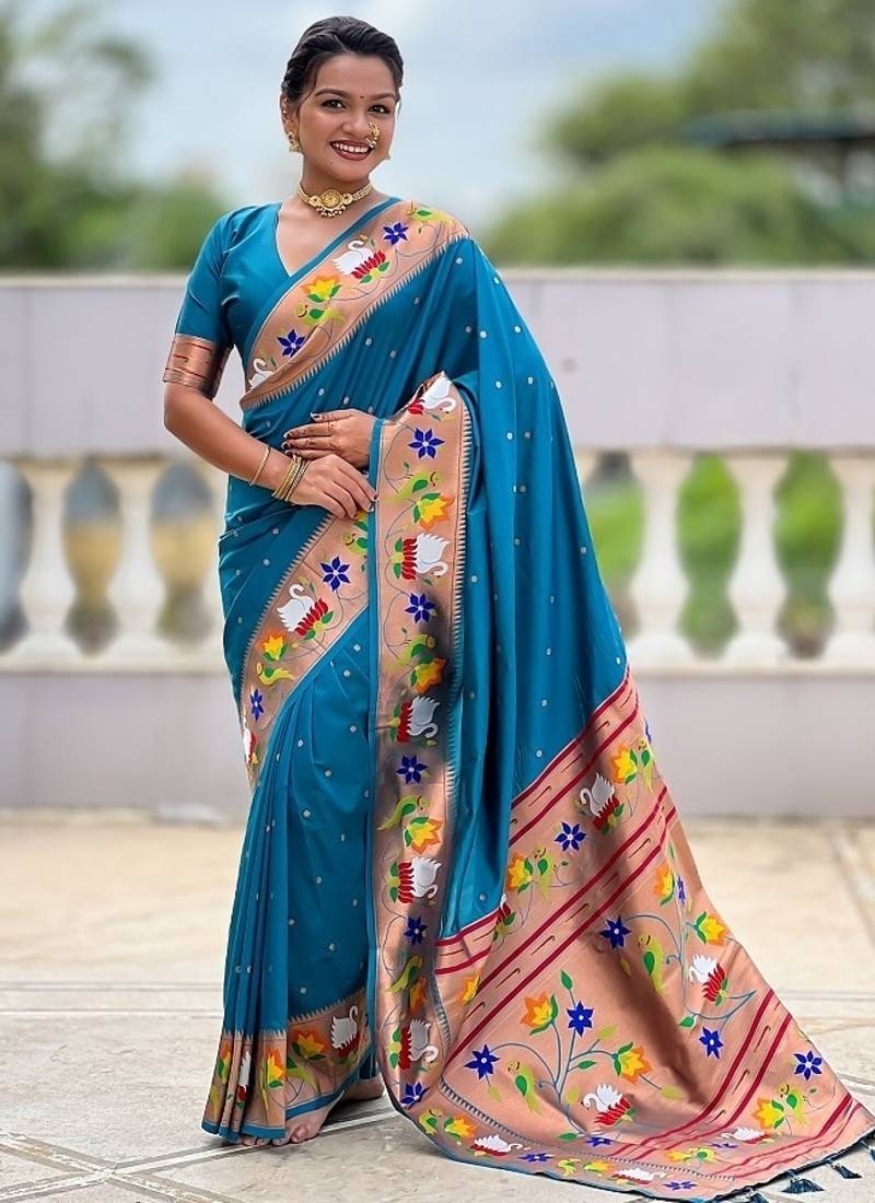 firozi soft paithani style silk blend with zari weaving meenakari saree with blouse