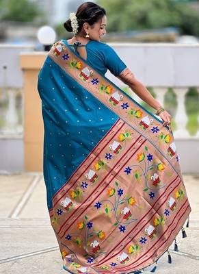 firozi soft paithani style silk blend with zari weaving meenakari saree with blouse 2