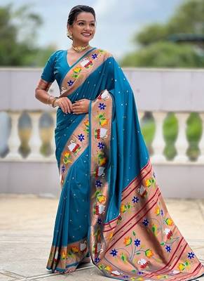 firozi soft paithani style silk blend with zari weaving meenakari saree with blouse 3