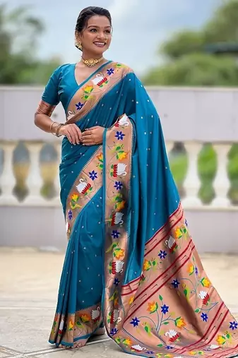 firozi soft paithani style silk blend with zari weaving meenakari saree with blouse