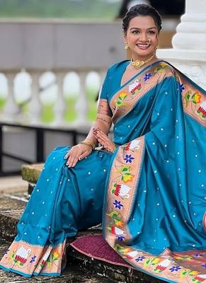 firozi soft paithani style silk blend with zari weaving meenakari saree with blouse 4