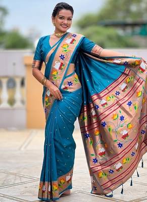 firozi soft paithani style silk blend with zari weaving meenakari saree with blouse 5