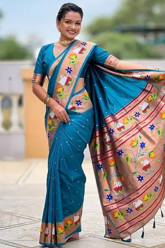 firozi soft paithani style silk blend with zari weaving meenakari saree with blouse