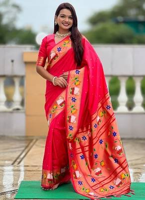 gajari soft paithani style silk blend with zari weaving meenakari saree with blouse 3