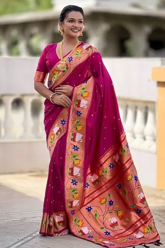 magenta soft paithani style silk blend with zari weaving meenakari saree with blouse