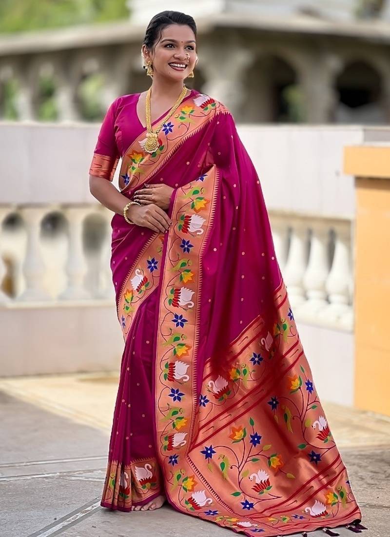 magenta soft paithani style silk blend with zari weaving meenakari saree with blouse