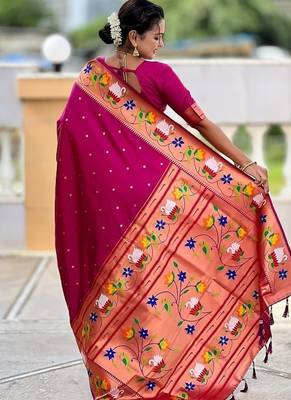 magenta soft paithani style silk blend with zari weaving meenakari saree with blouse 2