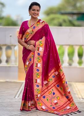 magenta soft paithani style silk blend with zari weaving meenakari saree with blouse 3