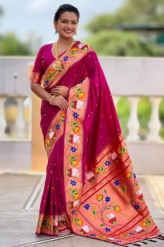 magenta soft paithani style silk blend with zari weaving meenakari saree with blouse