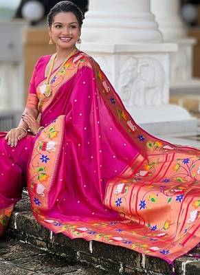 magenta soft paithani style silk blend with zari weaving meenakari saree with blouse 4