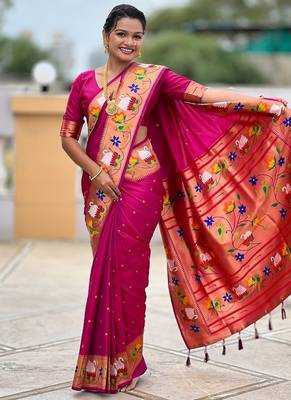 magenta soft paithani style silk blend with zari weaving meenakari saree with blouse 5