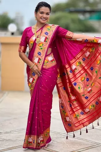 magenta soft paithani style silk blend with zari weaving meenakari saree with blouse