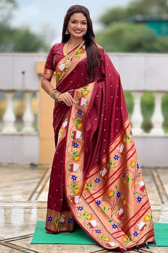 maroon soft paithani style silk blend with zari weaving meenakari saree with blouse