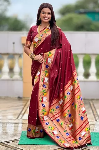 maroon soft paithani style silk blend with zari weaving meenakari saree with blouse