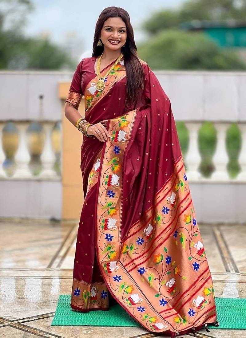 maroon soft paithani style silk blend with zari weaving meenakari saree with blouse