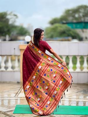 maroon soft paithani style silk blend with zari weaving meenakari saree with blouse 2
