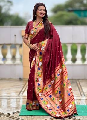 maroon soft paithani style silk blend with zari weaving meenakari saree with blouse 3