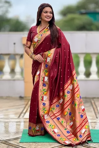 maroon soft paithani style silk blend with zari weaving meenakari saree with blouse