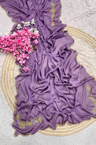 Lavender Color hand cutdana khatli Work Silk Blend Saree