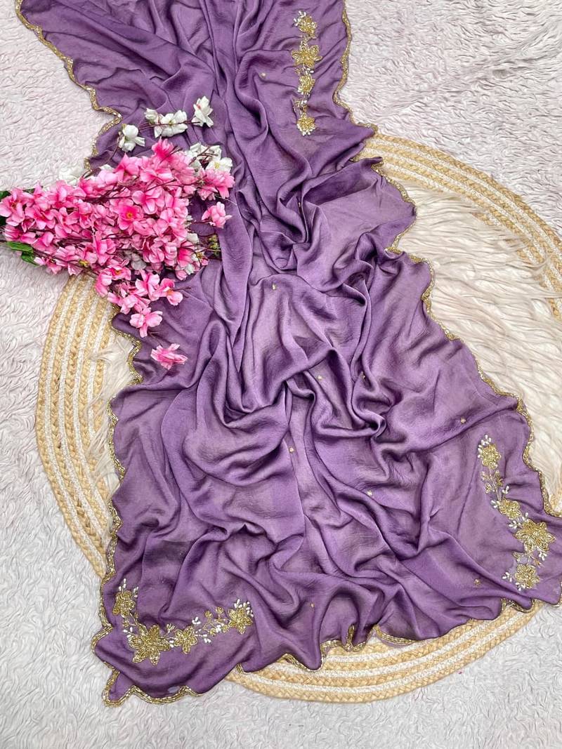 Lavender Color hand cutdana khatli Work Silk Blend Saree