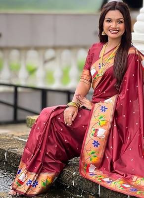 maroon soft paithani style silk blend with zari weaving meenakari saree with blouse 4