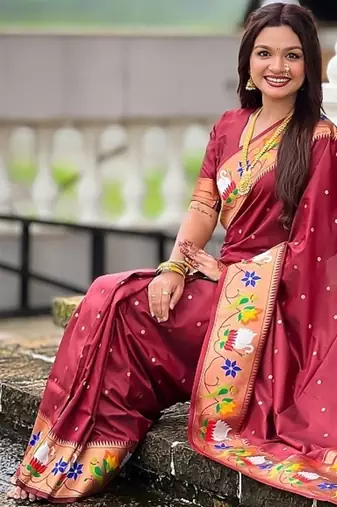 maroon soft paithani style silk blend with zari weaving meenakari saree with blouse