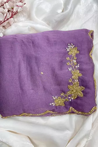 Lavender Color hand cutdana khatli Work Silk Blend Saree