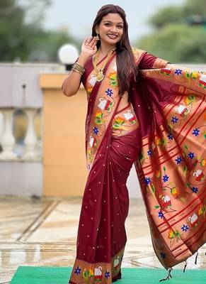 maroon soft paithani style silk blend with zari weaving meenakari saree with blouse 5