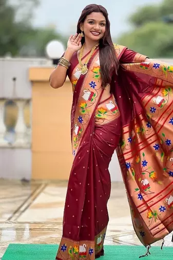 maroon soft paithani style silk blend with zari weaving meenakari saree with blouse