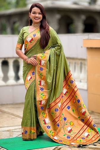 mehendi soft paithani style silk blend with zari weaving meenakari saree with blouse