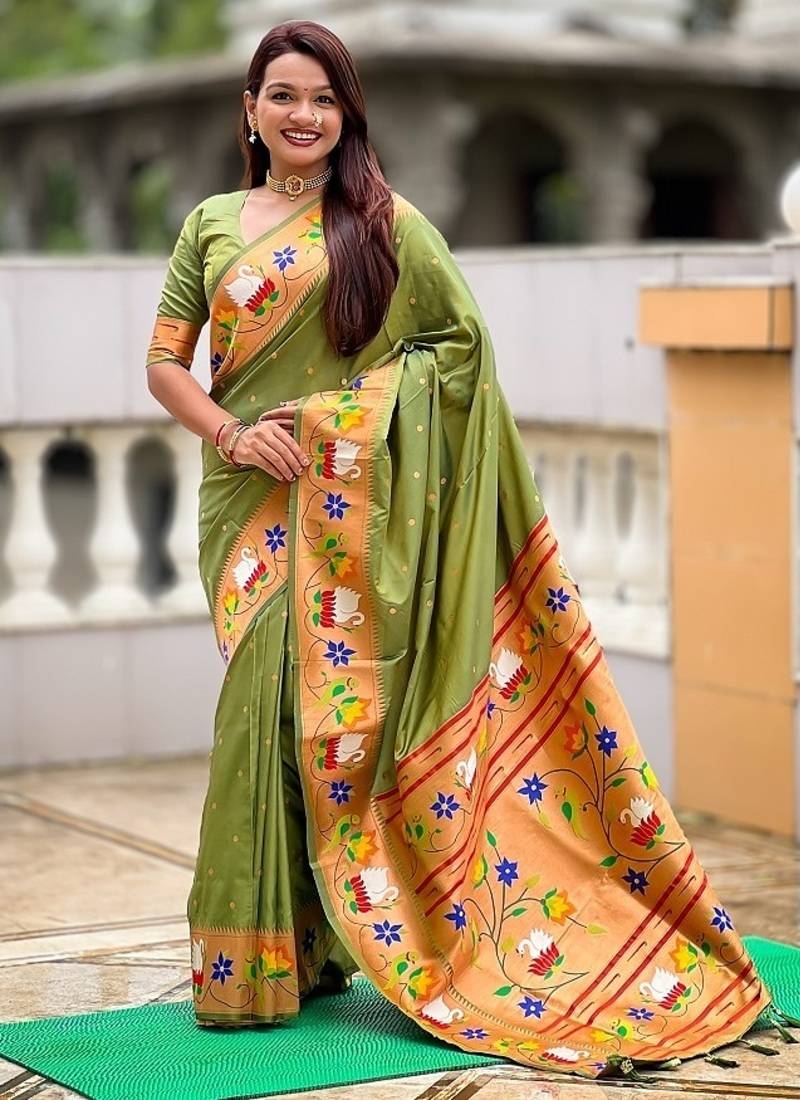 mehendi soft paithani style silk blend with zari weaving meenakari saree with blouse