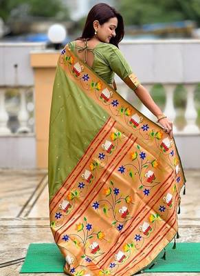 mehendi soft paithani style silk blend with zari weaving meenakari saree with blouse 2