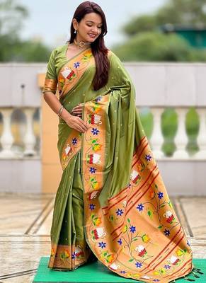 mehendi soft paithani style silk blend with zari weaving meenakari saree with blouse 3