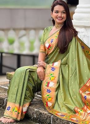 mehendi soft paithani style silk blend with zari weaving meenakari saree with blouse 4