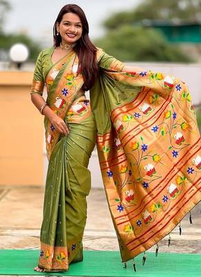 mehendi soft paithani style silk blend with zari weaving meenakari saree with blouse 5