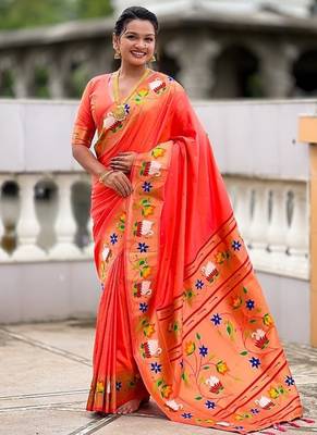 orange soft paithani style silk blend with zari weaving meenakari saree with blouse 1