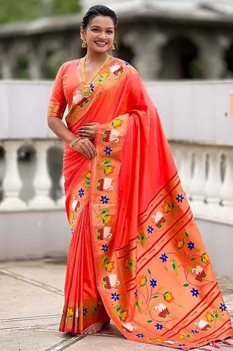 orange soft paithani style silk blend with zari weaving meenakari saree with blouse
