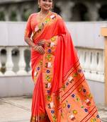 orange soft paithani style silk blend with zari weaving meenakari saree with blouse