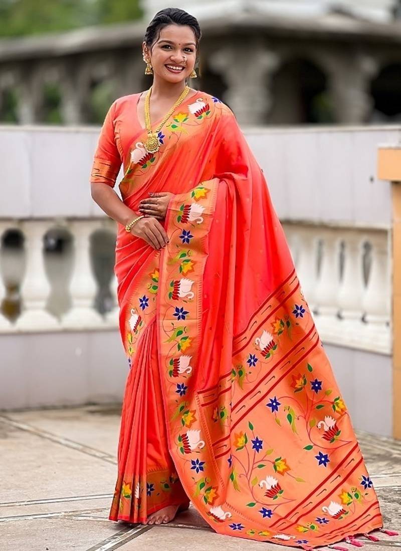 orange soft paithani style silk blend with zari weaving meenakari saree with blouse