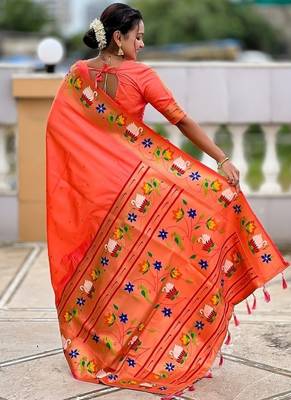 orange soft paithani style silk blend with zari weaving meenakari saree with blouse 2