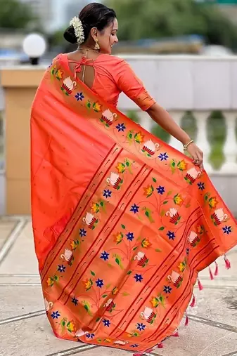 orange soft paithani style silk blend with zari weaving meenakari saree with blouse