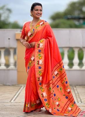 orange soft paithani style silk blend with zari weaving meenakari saree with blouse 3