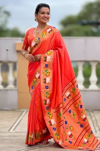 orange soft paithani style silk blend with zari weaving meenakari saree with blouse