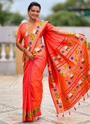 orange soft paithani style silk blend with zari weaving meenakari saree with blouse 5
