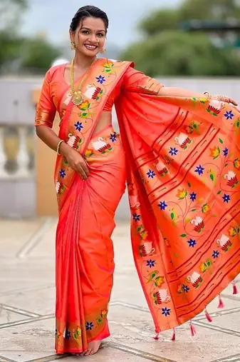 orange soft paithani style silk blend with zari weaving meenakari saree with blouse