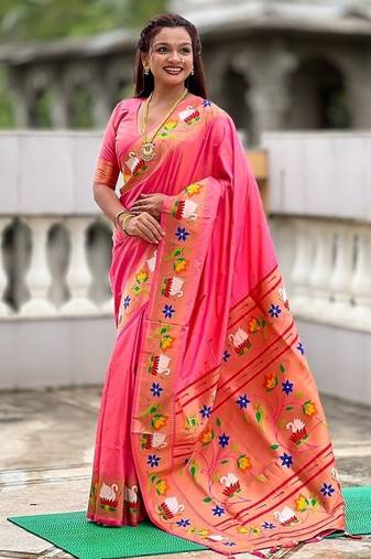 peach soft paithani style silk blend with zari weaving meenakari saree with blouse