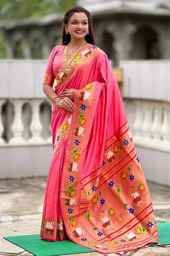 peach soft paithani style silk blend with zari weaving meenakari saree with blouse